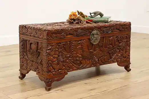 Asian Carved Camphor Vintage Chest, Trunk, or Coffee Table #55893