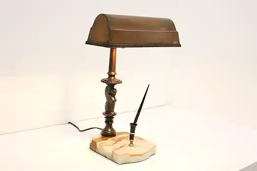Amronlite Antique Bronze & Marble Desk Lamp, Pen Holder #47457