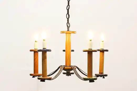 Arts & Crafts Antique Spool Arm Chandelier Beeswax Candles #54778