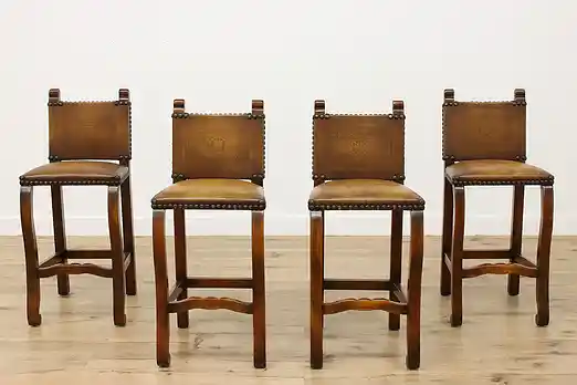 Set of 4 Vintage Spanish Colonial Leather Bar Counter Stools #54218