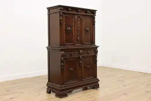 English Tudor Antique Carved Walnut China or Bar Cabinet #55437