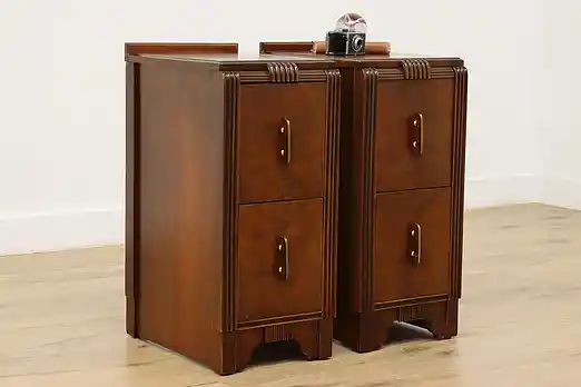 Pair Art Deco Vintage Walnut & Bakelite Nightstands, Bassett #52935