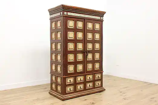 Farmhouse Vintage Carved Armoire or Wardrobe Painted Flowers #53065