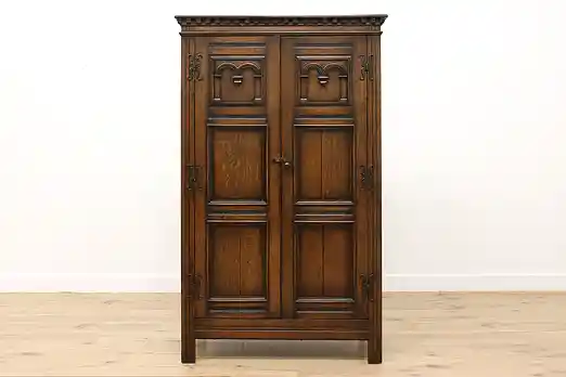 Tudor Design Antique Carved Oak Wardrobe Closet or Armoire #54637