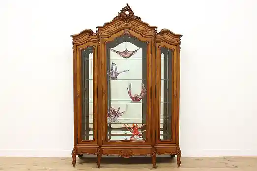 French Louis XV Antique Carved Triple Curio Display Armoire #52663