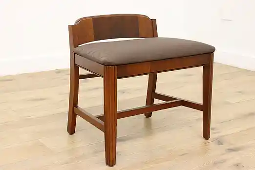 Art Deco Vintage Walnut Curly Birch Vanity Stool, New Fabric #54925