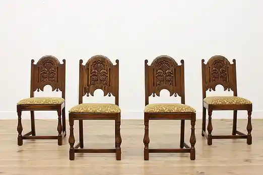 Set of 4 Tudor Antique Carved Oak Dining Chairs, Jamestown #54931