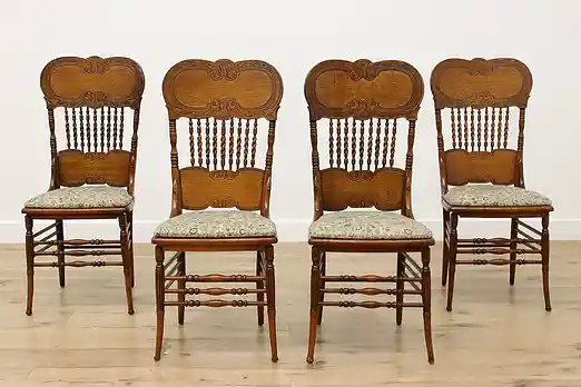 Set of 4 Victorian Antique Oak Pressback Dining Game Chairs #55755