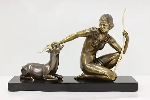 Art Deco Antique Bronze Finish Hunter & Deer Sculpture Kowas #48680