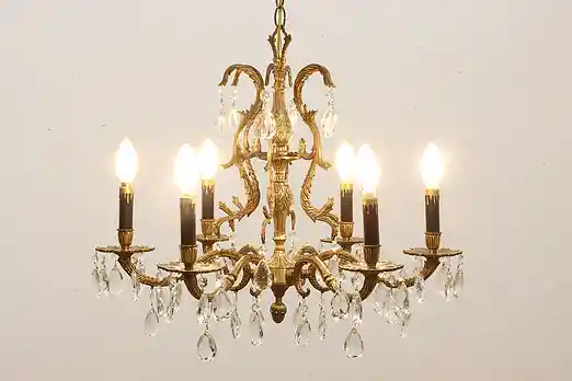 Italian Vintage 6 Candle Brass Chandelier, Prisms #50858