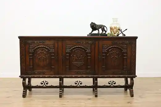 Spanish Colonial Antique Carved Oak Sideboard or TV Console #54001