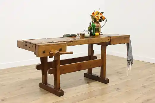 Farmhouse Antique Carpenter Workbench Kitchen Island, Wine #55574