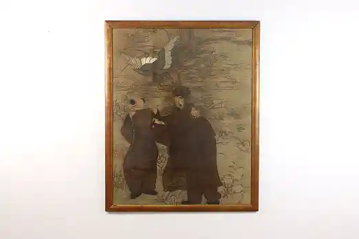 Emperor & Crow Antique Framed Japanese Embroidery 52" #54806