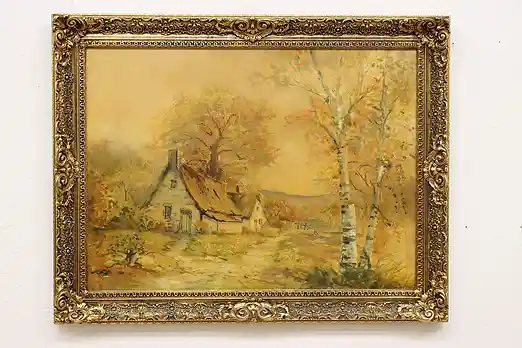 Autumn Cottage Vintage Original Oil Painting Rockwell 45" #54286