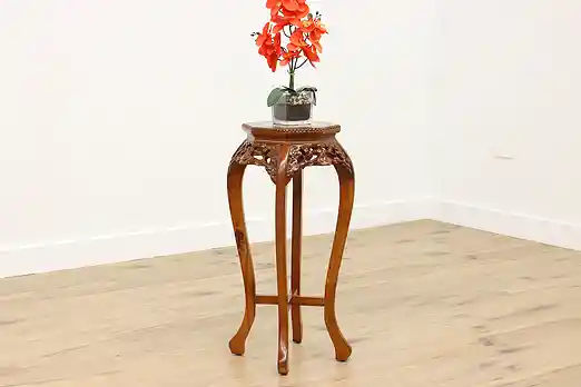 Chinese Vintage Carved Mahogany Plant Stand, Marble Top #55719