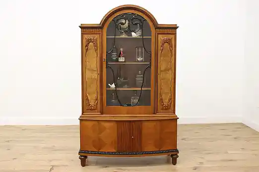 Art Deco Antique Carved Walnut & Burl China Display Cabinet #55086