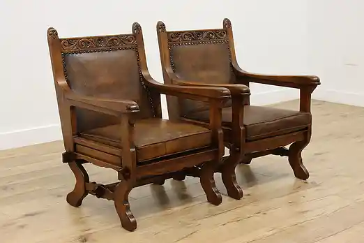 Pair of Tudor Design Vintage Oak & Leather Lounge Chairs #55101