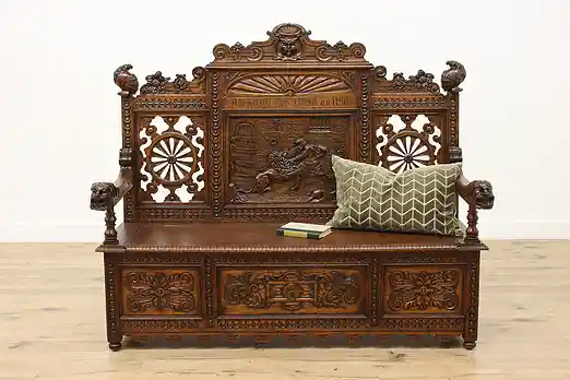 Renaissance Antique Oak Hall Bench, King Richard Lion Heart #53518