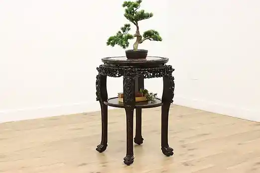 Chinese Antique Carved Rosewood Pedestal Stand, Marble Top #55653