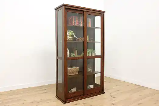 Arts & Crafts Antique Oak Sliding Door Display Cabinet #50956