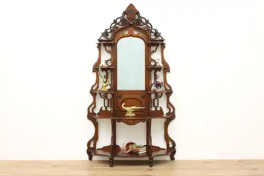 Victorian Antique Carved Walnut Etagere Curio Display Mirror #52156