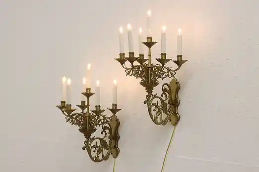 Pair of Italian Vintage Brass Six Candle Wall Sconces #49010