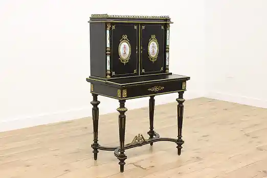 French Antique Ebonized & Porcelain Office or Library Desk #55596