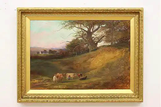 Farmers Milking Cows Antique Original Oil Painting 49.5" #55775