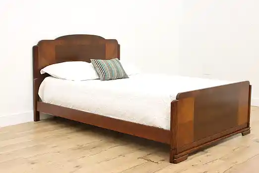 Art Deco Vintage Walnut & Mahogany Double Full Size Bed #56082