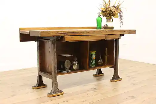 Industrial Antique Elm Workbench Wine Table Kitchen Island #55902