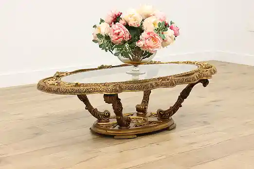 Hollywood Regency Vintage Gilt & Glass Top Coffee Table #56296