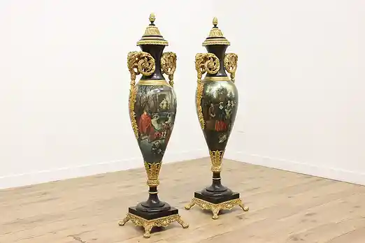 Pair of Italian Vintage Hand Painted Marble Palace Urns 65" #56298
