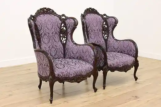 Pair French Design Vintage Carved Wingback Music Room Chairs #55106