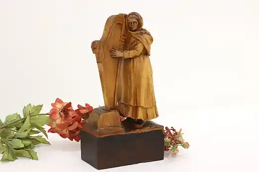 Swiss Folk Art Antique Carved Woman Playing Harp Sculpture #56272