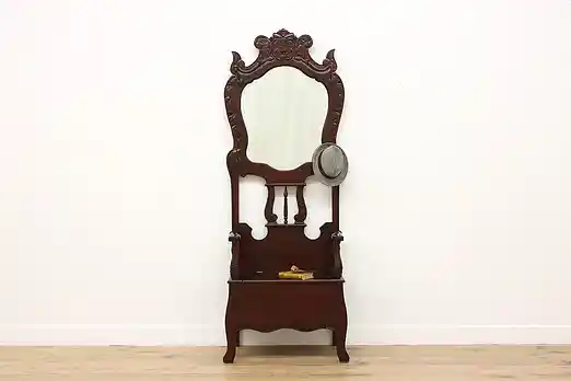 Victorian Vintage Carved Mahogany Hall Stand Lift Lid Bench #56249