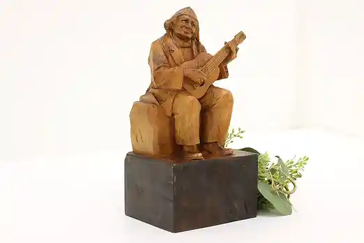 Swiss Folk Art Antique Carved Man Playing Guitar Sculpture #56273