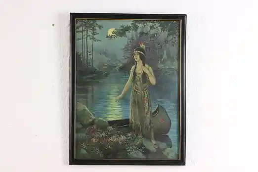 Native Woman with Canoe Antique Art Print F.R. Harper 13" #56520