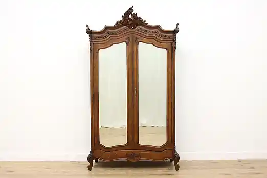 French Louis XV Antique Walnut Armoire Wardrobe Mirror Doors #56373