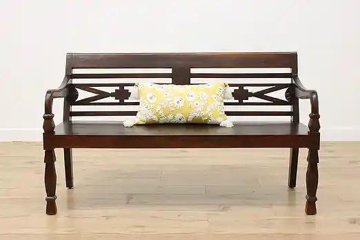Asian Vintage Carved Teak Hall Porch or Entry Bench #56496