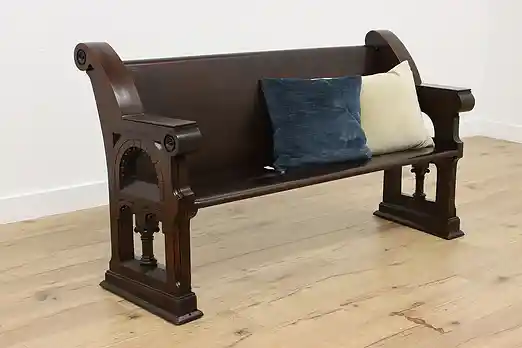 Victorian Antique Carved Oak Church Pew, Hall or Porch Bench #56352