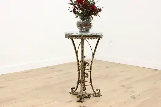 Italian Vintage Iron & Marble Sculpture Plant Stand Roses #56543