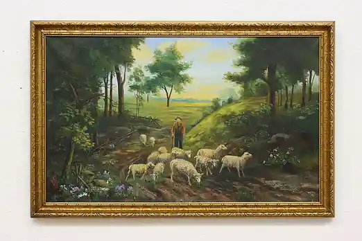Herding Sheep Flock Antique Original Oil Painting Becker 40" #56376