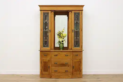Arts & Crafts Antique Oak Display Bar Cabinet Leaded Glass #56542