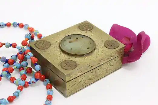 Chinese Antique Brass Cigarette Box Jewelry Case Jade Seal #56757
