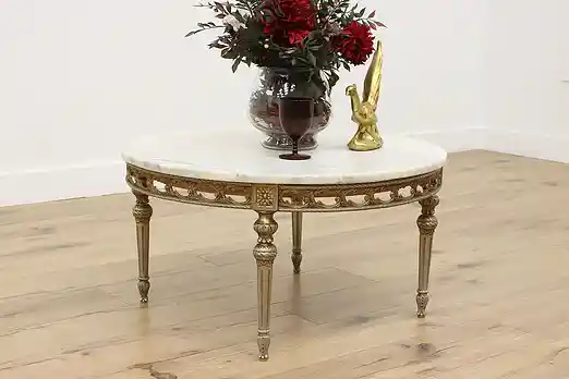 French Antique Nickel Coffee Table, Marble Top #56659