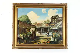 English Street Market & Bridge Original Antique Oil Painting, Keith 35.5" #39428