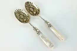 Pair of Silverplate Antique Pearl Handle Berry Serving Spoons Gold Wash #39821