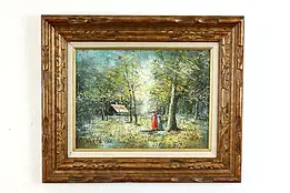 Forest with Women & Cottage Vintage Original Oil Painting, Hertz 23.5" #39383