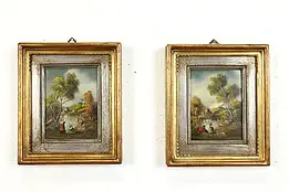 Pair of Country Landscape Vintage Original Miniature Oil Paintings 8" #39720