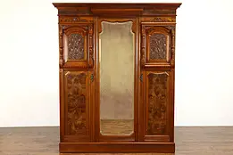 Victorian Carved Walnut & Burl English Triple Armoire, Beveled Mirror #35399